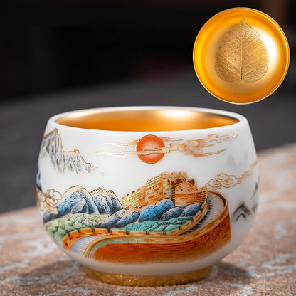 Suet Jade Porcelain Gilt Tea Cup - Great Wall