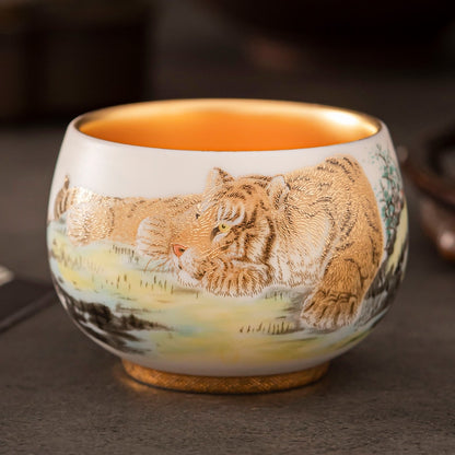 Suet Jade Porcelain Gilt Tea Cup - Sleepy Tiger