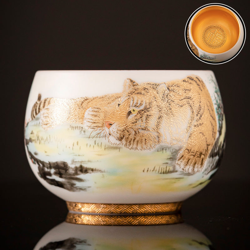 Suet Jade Porcelain Gilt Tea Cup - Sleepy Tiger