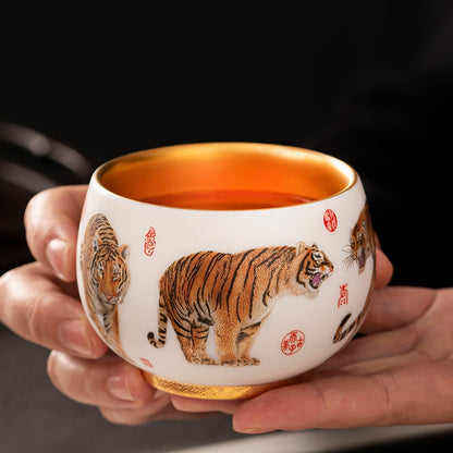 Suet Jade Porcelain Gilt Tea Cup - Roaring Tiger