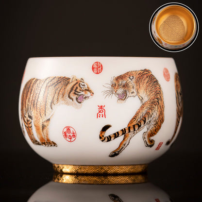 Suet Jade Porcelain Gilt Tea Cup - Roaring Tiger